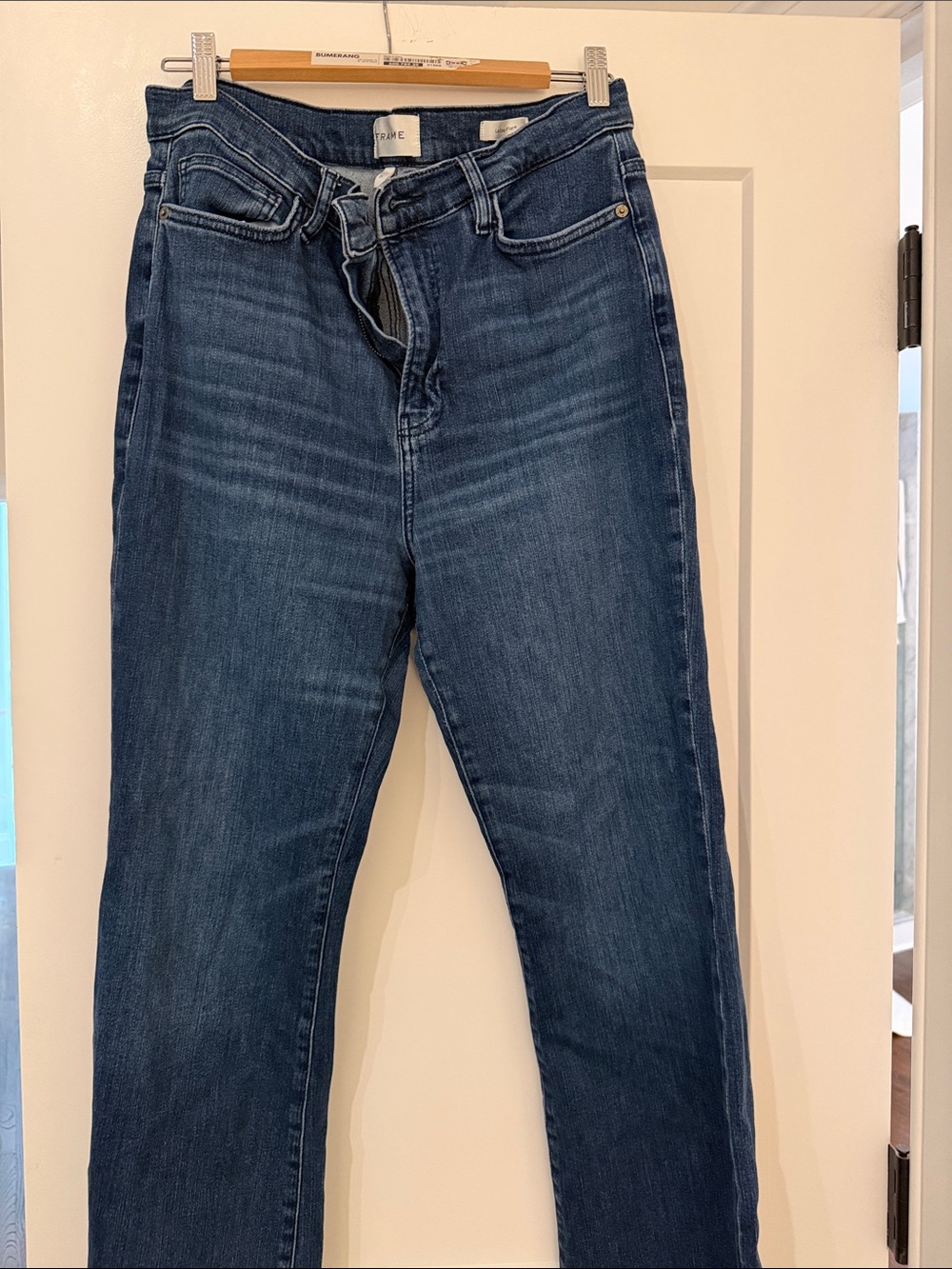 Frame Denim le easy flare with side slit flare Jeans in Dark Blue Wash